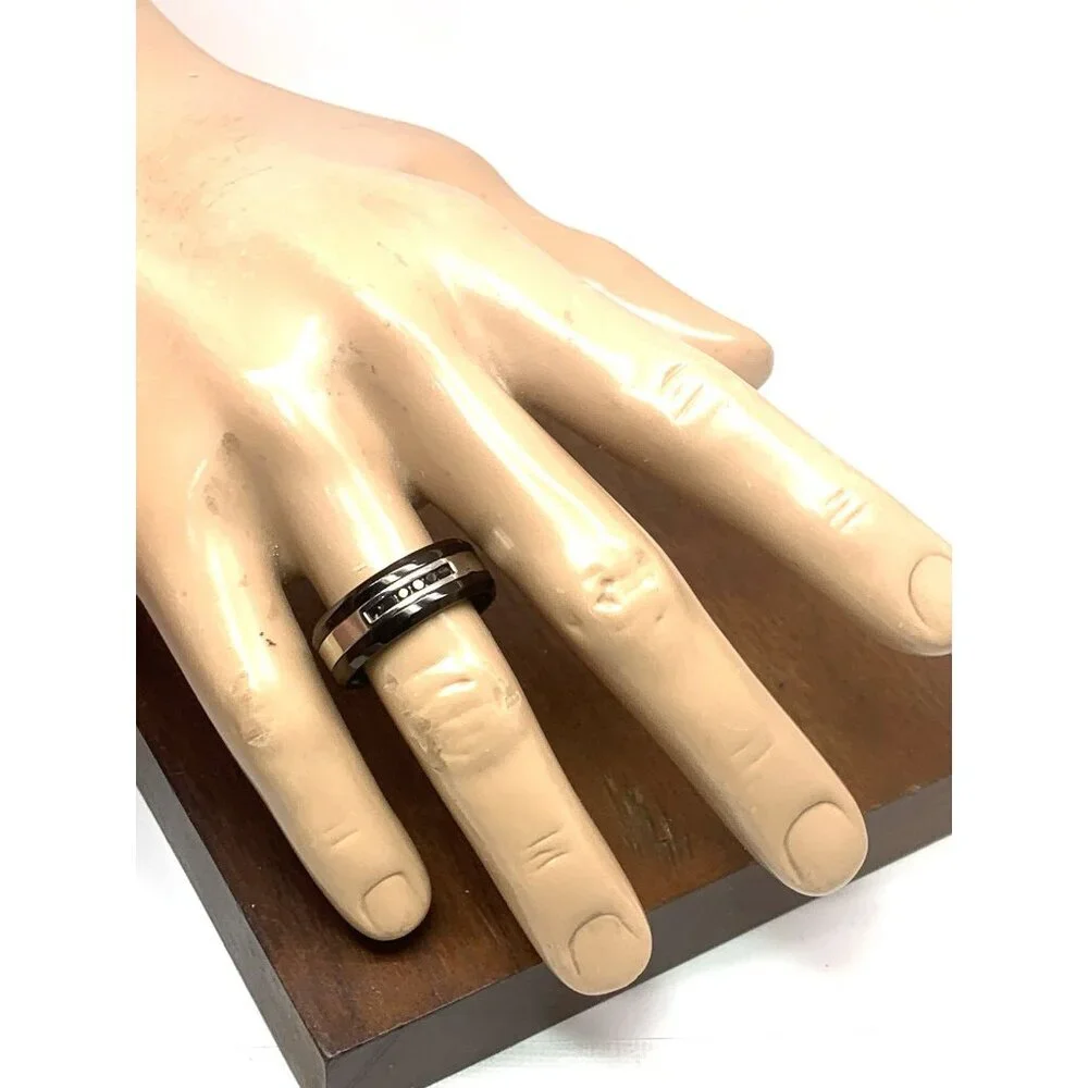 Men's Wedding Band Stainless Steel Black Gemstones 8.8mm Wide Ring Size 11.5